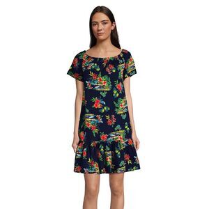 Lands’ End 100% Cotton Blue Red Hawaiian Flower Dress Size L 14-16